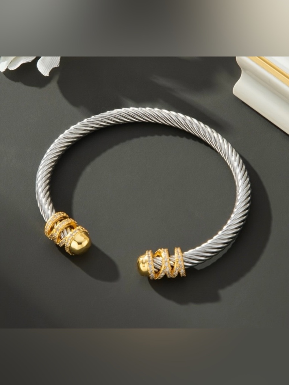 Gold & Silver Twisted Cable Open Bangle Bracelet
